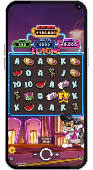 Justera insatsen per spinn mellan 0,1 kr och 500 kr med plus- och minusknapparna i Le King